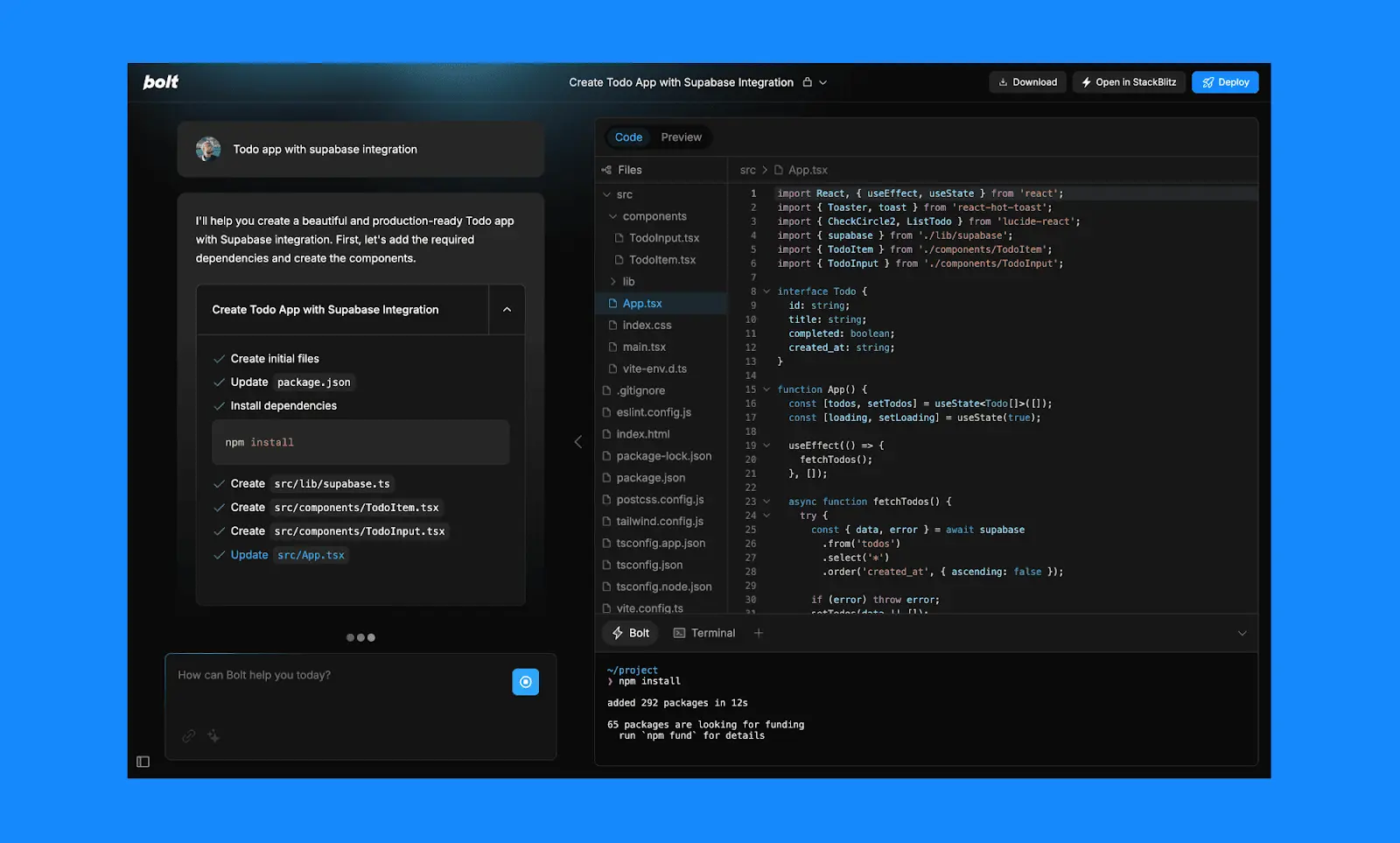 IDE basado en navegador de Bolt con chat de IA — genera código web a partir de indicaciones