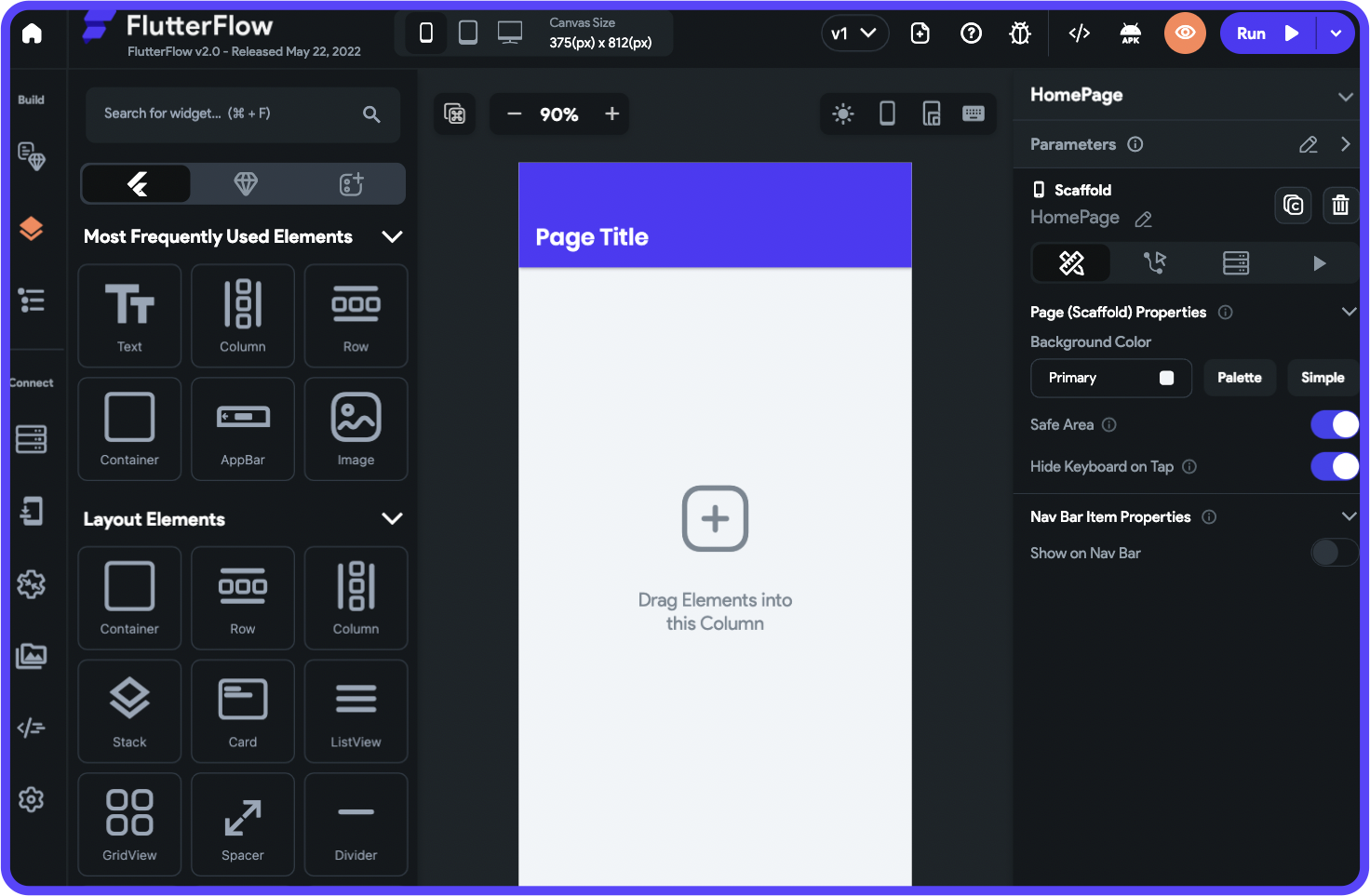 Editor de árbol de widgets de FlutterFlow — jerarquía de componentes estructurada
